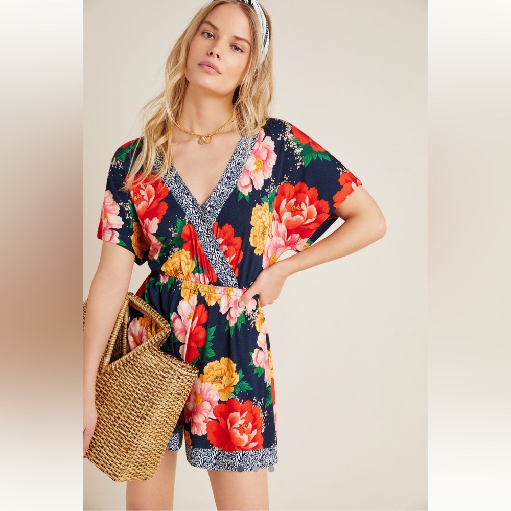 FARM Rio Navy Floral Wrap Romper with Red, Pink & Yellow Blooms